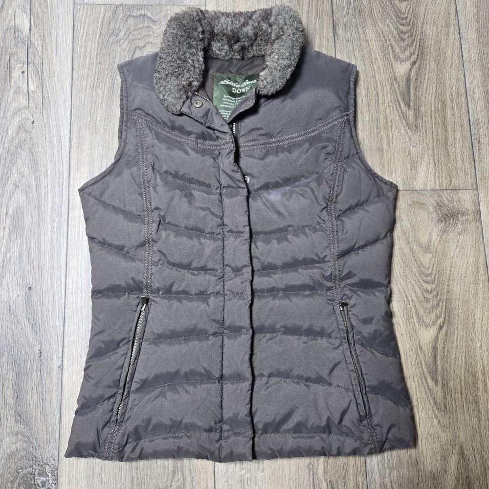 Eddie Bauer‎ Womens XS Puffer Vest Goose Down Brown Faux Fur Neck